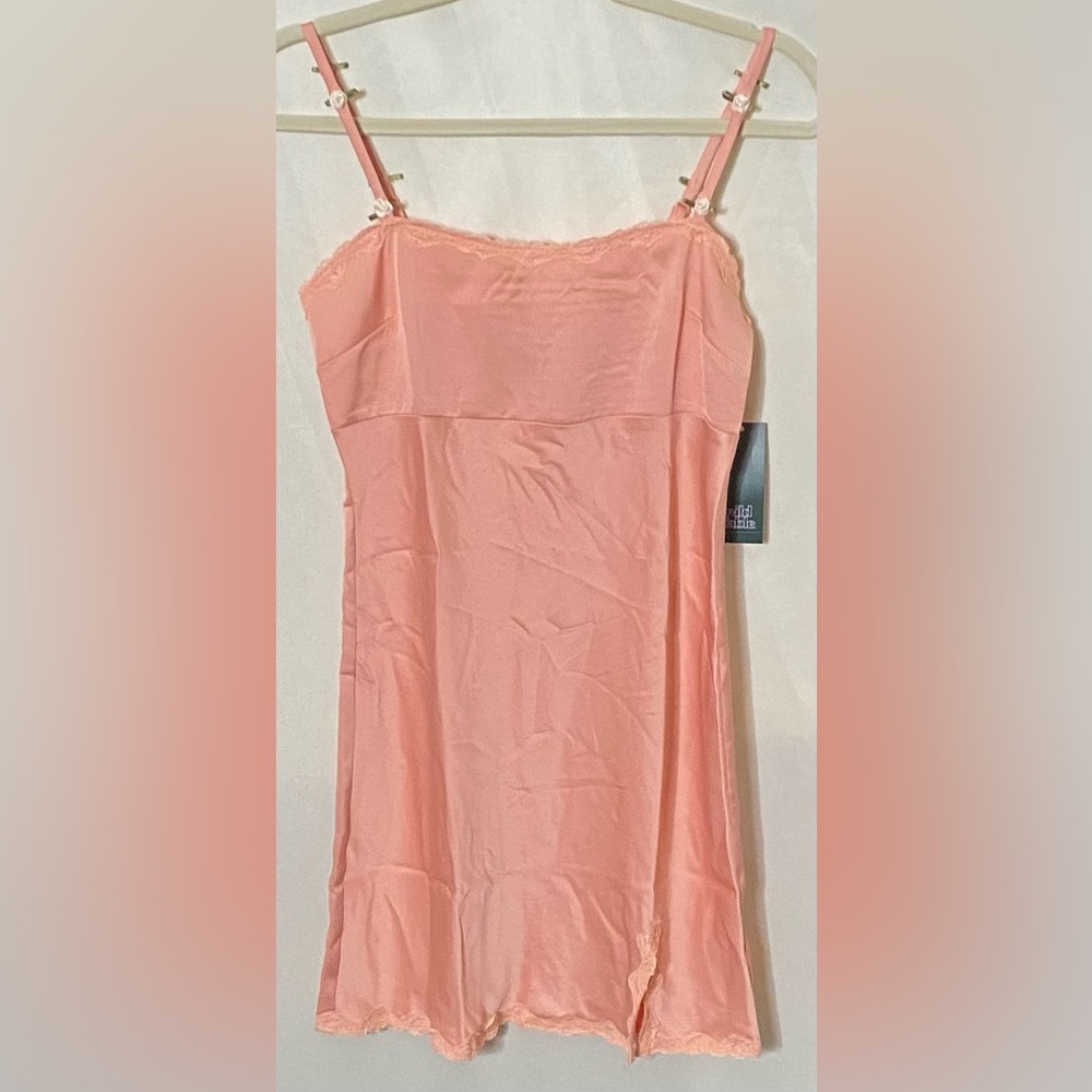 NWT Wild Fable Salmon Pink Lace Trim Satin Slip Dress w/ Floral Accents